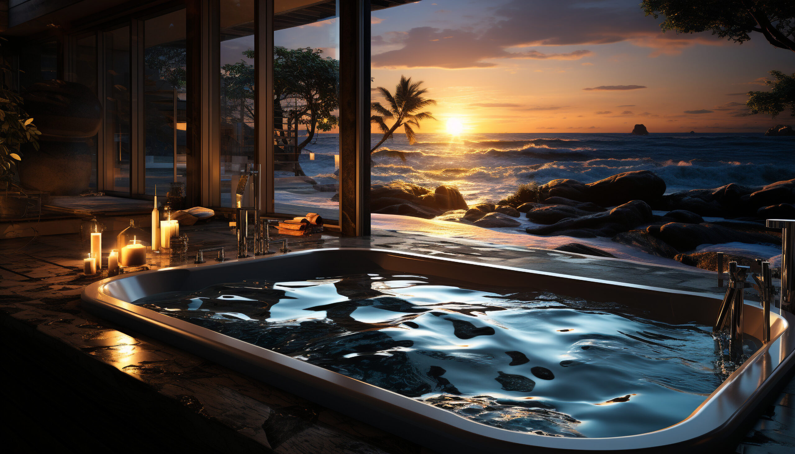 Tranquil scene sunset over water, nature beauty reflected indoors generated by artificial intelligence